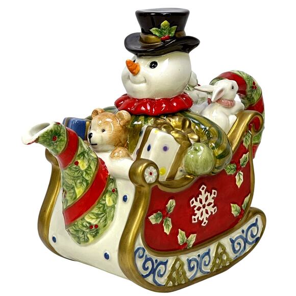 Fitz and Floyd 2005 'Frosty Folks Collection' Christmas Snowman Sleigh Teapot - Picture 1 of 11